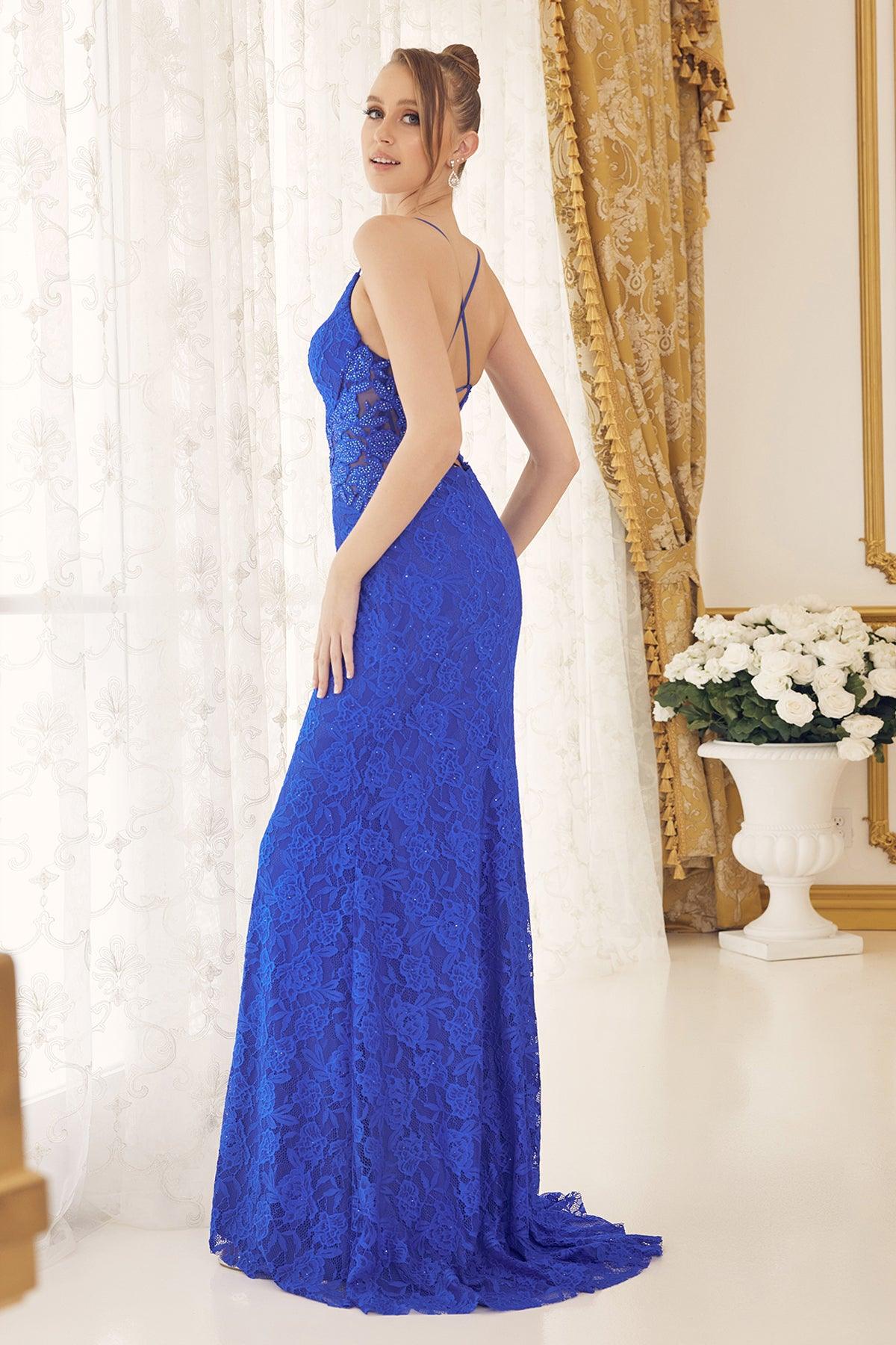 Nox Anabel E1076 Long Spaghetti Strap Lace Prom Gown