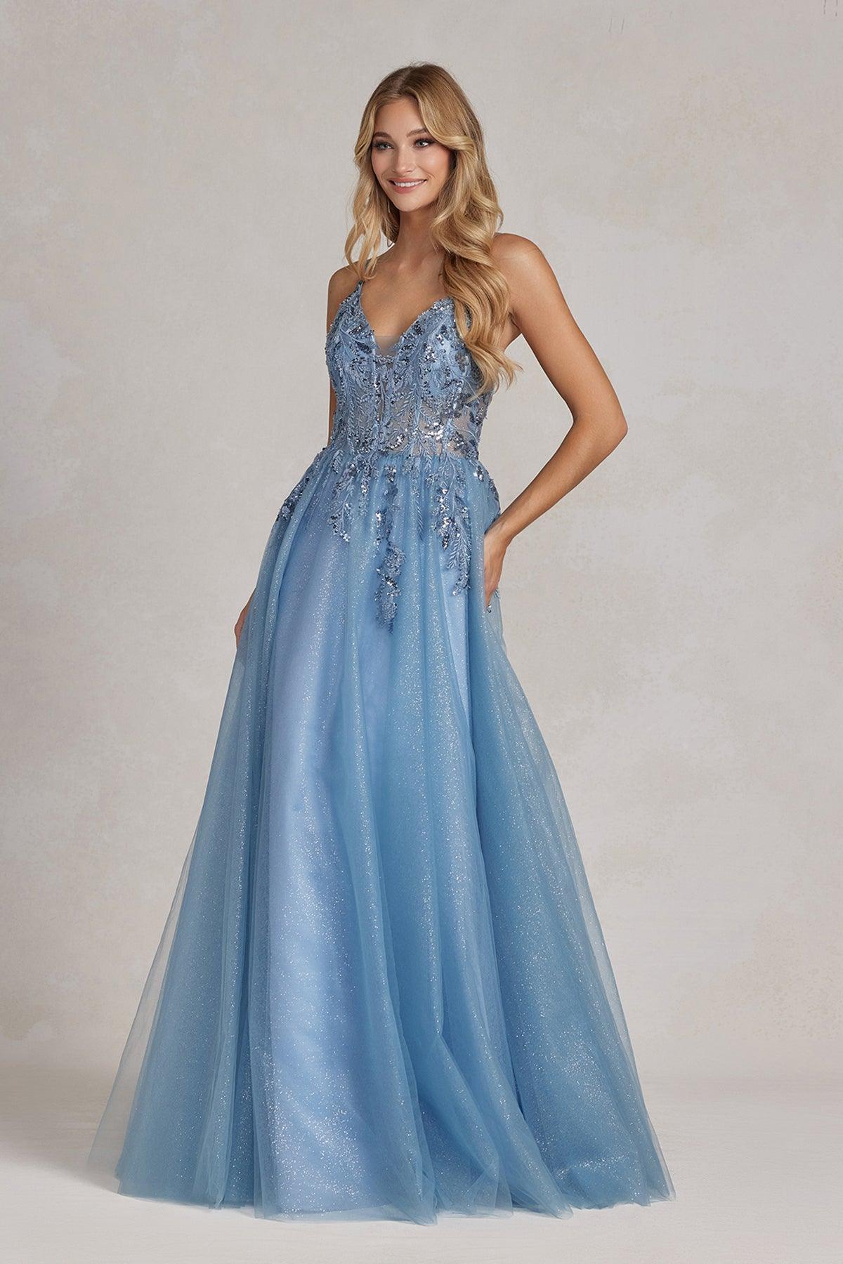Nox Anabel E1125 Long Spaghetti Strap A Line Prom Gown Dusty Blue