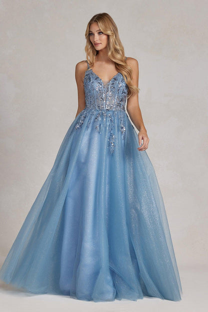 Nox Anabel E1125 Long Spaghetti Strap A Line Prom Gown Dusty Blue
