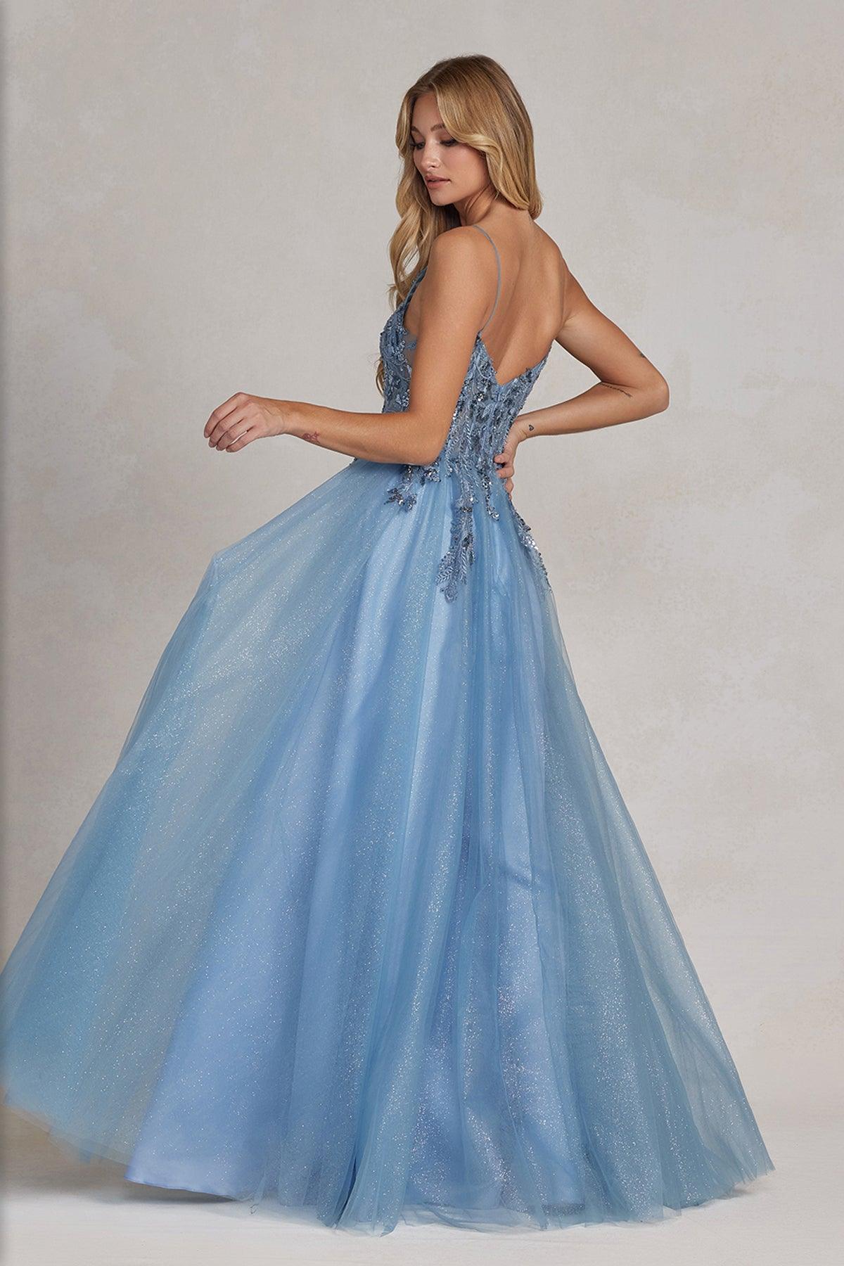 Nox Anabel E1125 Long Spaghetti Strap A Line Prom Gown Dusty Blue