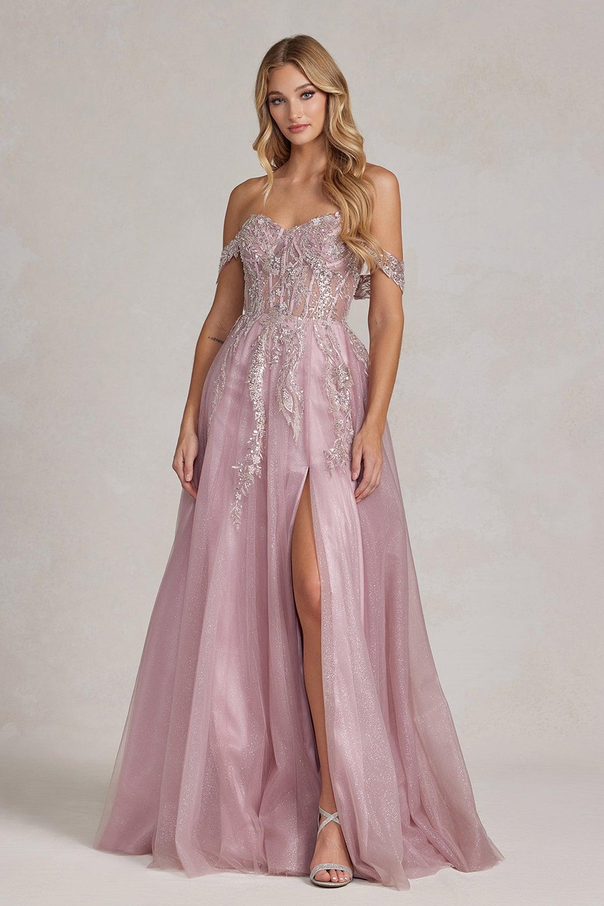 Nox Anabel E1128 Long Off Shoulder Beaded Prom Gown - Rose / 12 Nox Anabel E1128 Long Off Shoulder Beaded Prom Gown - Rose / 12