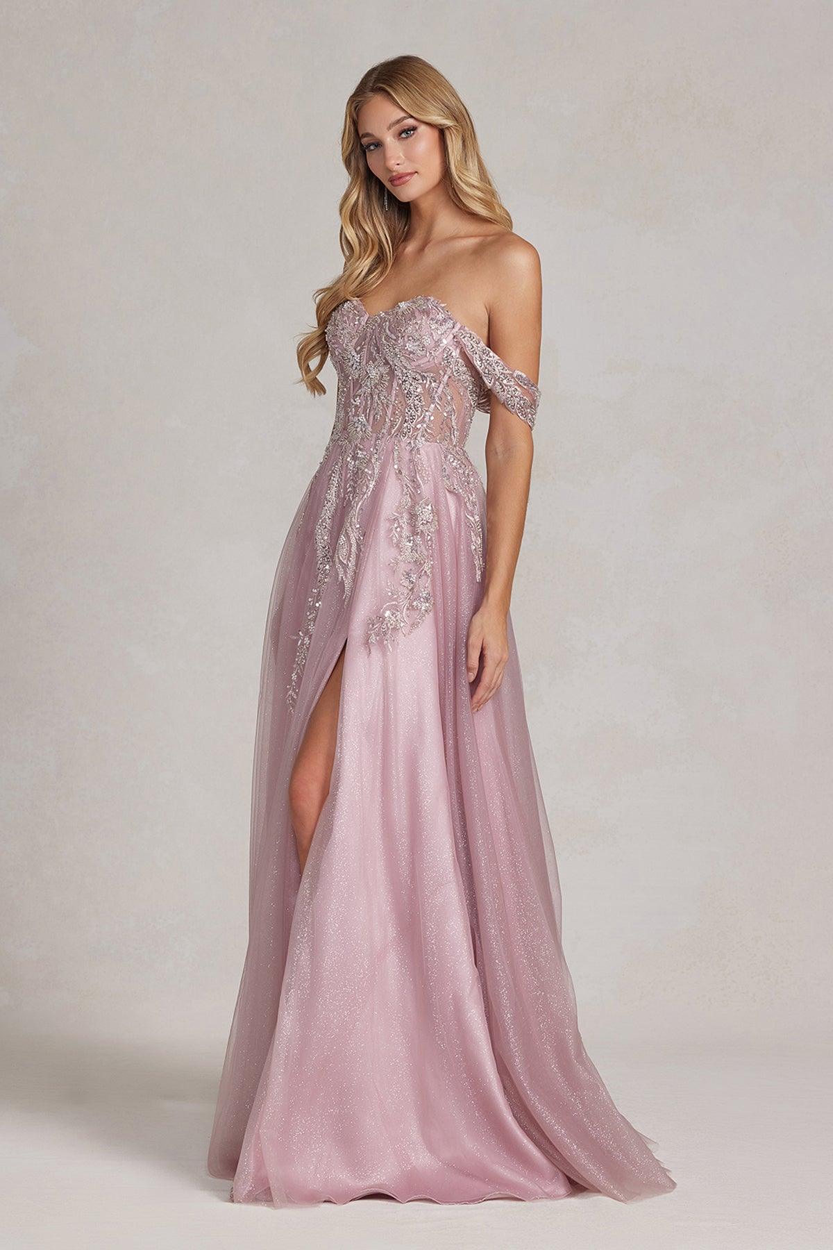 Nox Anabel E1128 Long Off Shoulder Beaded Prom Gown Rose