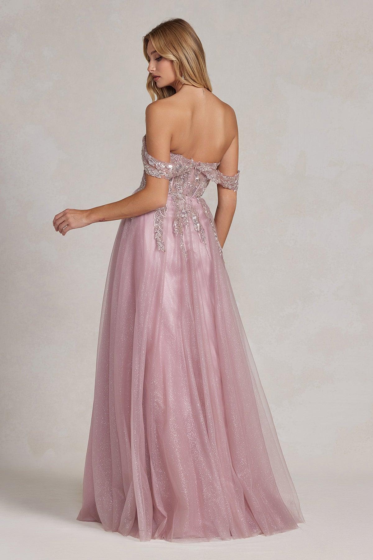 Nox Anabel E1128 Long Off Shoulder Beaded Prom Gown Rose