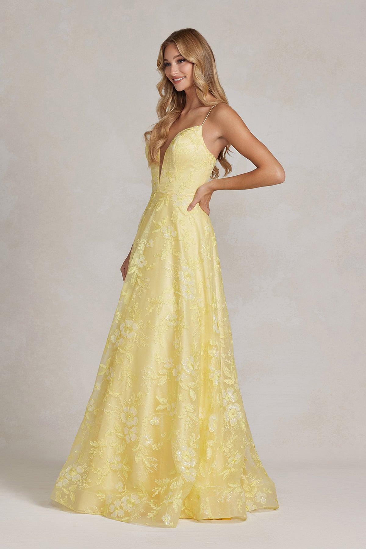 Nox Anabel E1175 Prom Long Spaghetti Strap Formal Gown Yellow