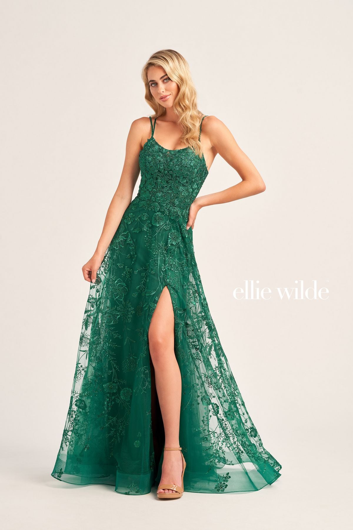 Emerald Beaded V-Neck A-Line Long Prom Dress with Slit main image 1