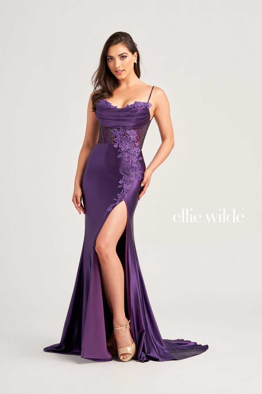 Dark Purple Ellie Wilde EW35028 Long Fitted Applique Prom Formal Gown for $544.0 – The Dress Outlet 