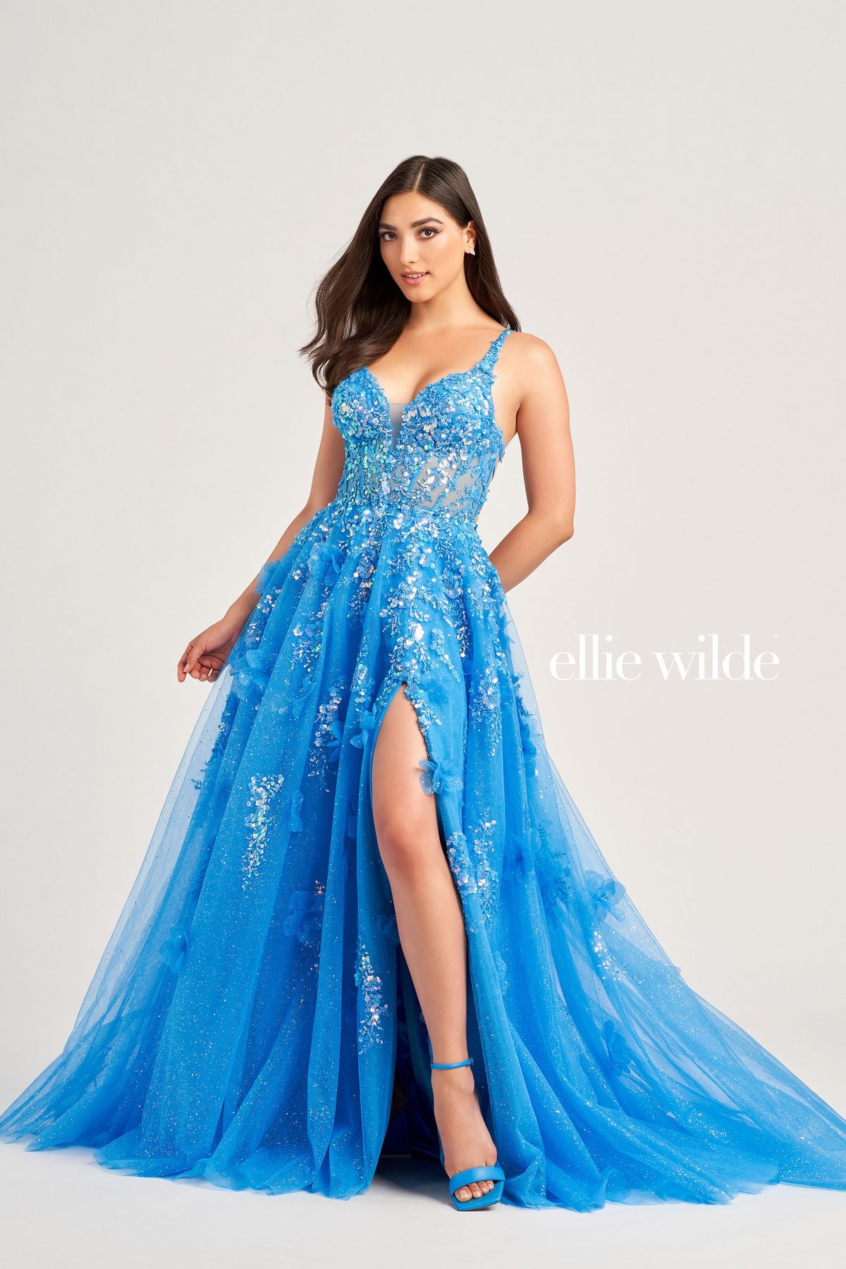 Cerulean Blue Ellie Wilde EW35047 Prom Long Glitter Ball Gown for $599. ...