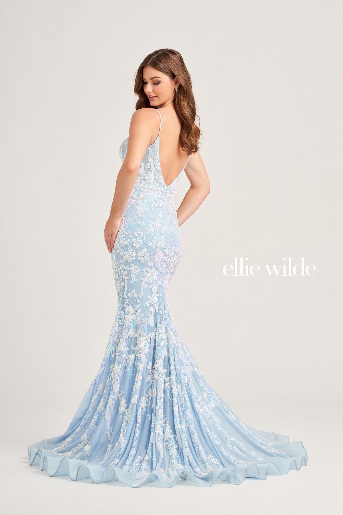 Ice Blue Ellie Wilde EW35048 Long Mermaid Formal Beaded Prom Dress for