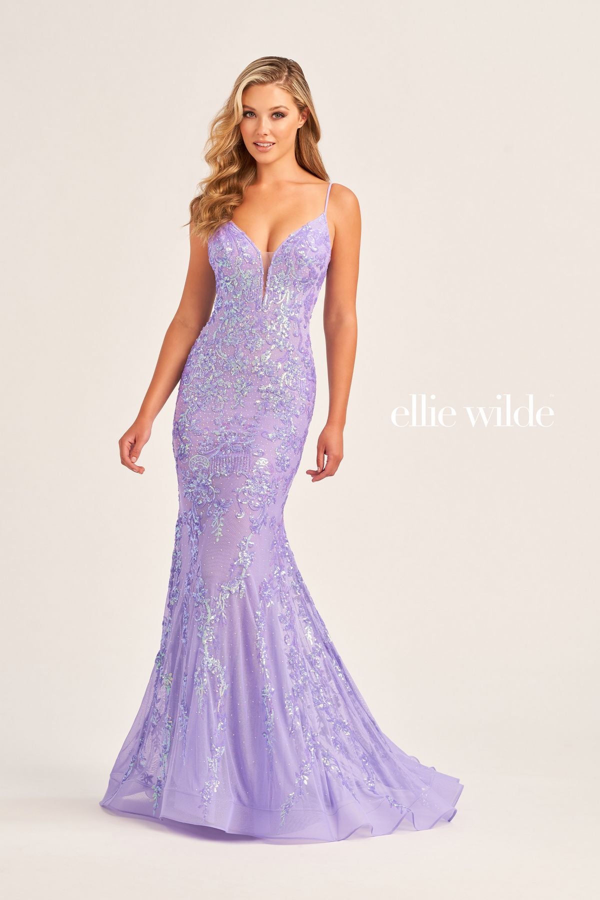 Ice Blue Ellie Wilde EW35048 Long Mermaid Formal Beaded Prom Dress for
