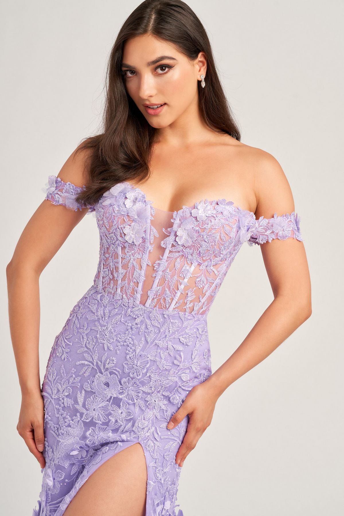 Ellie Wilde EW35054 Long Formal Fitted Applique Prom Dress