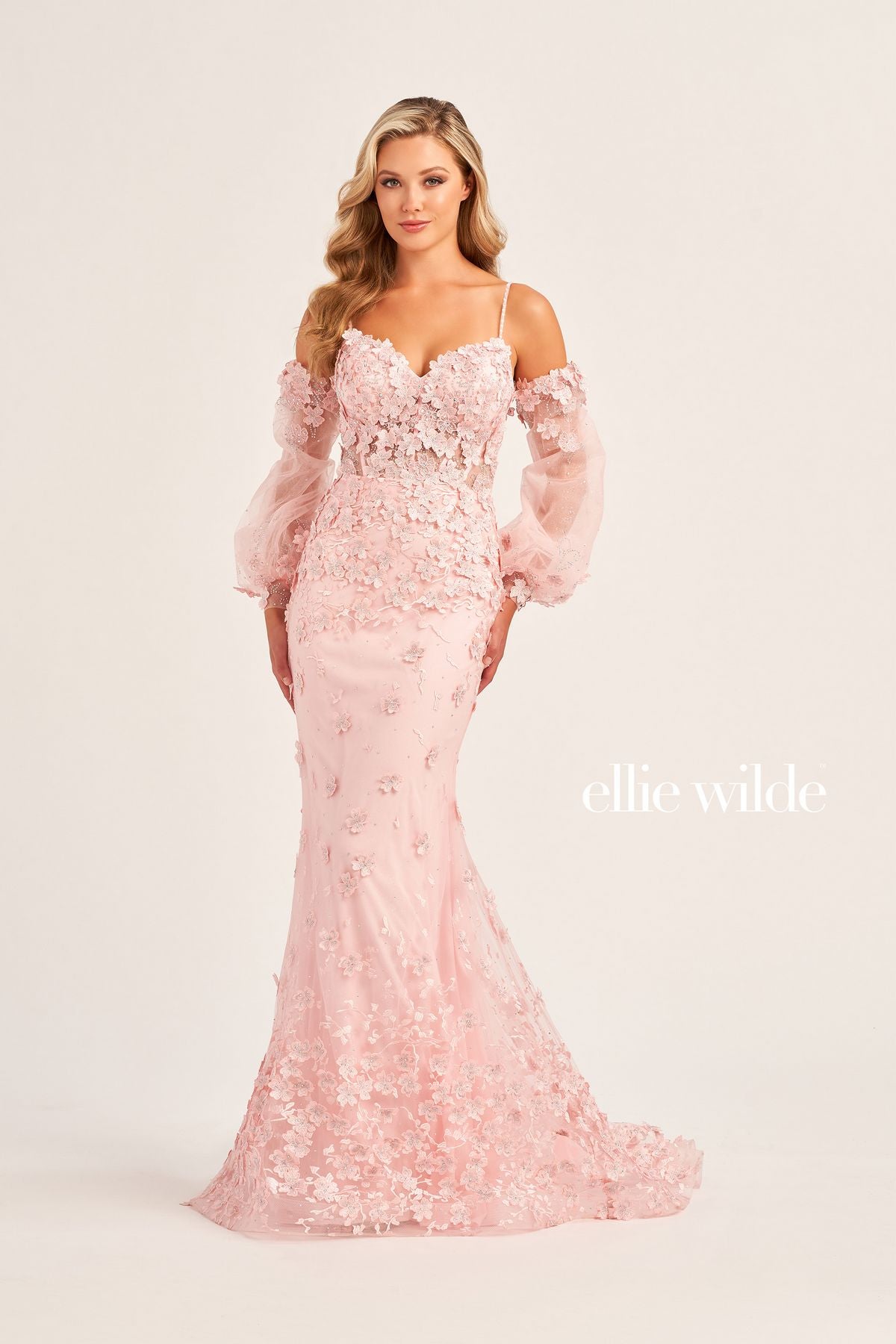 Ellie Wilde EW35107 Long Fitted Formal Prom Gown With Detachable Sleeves