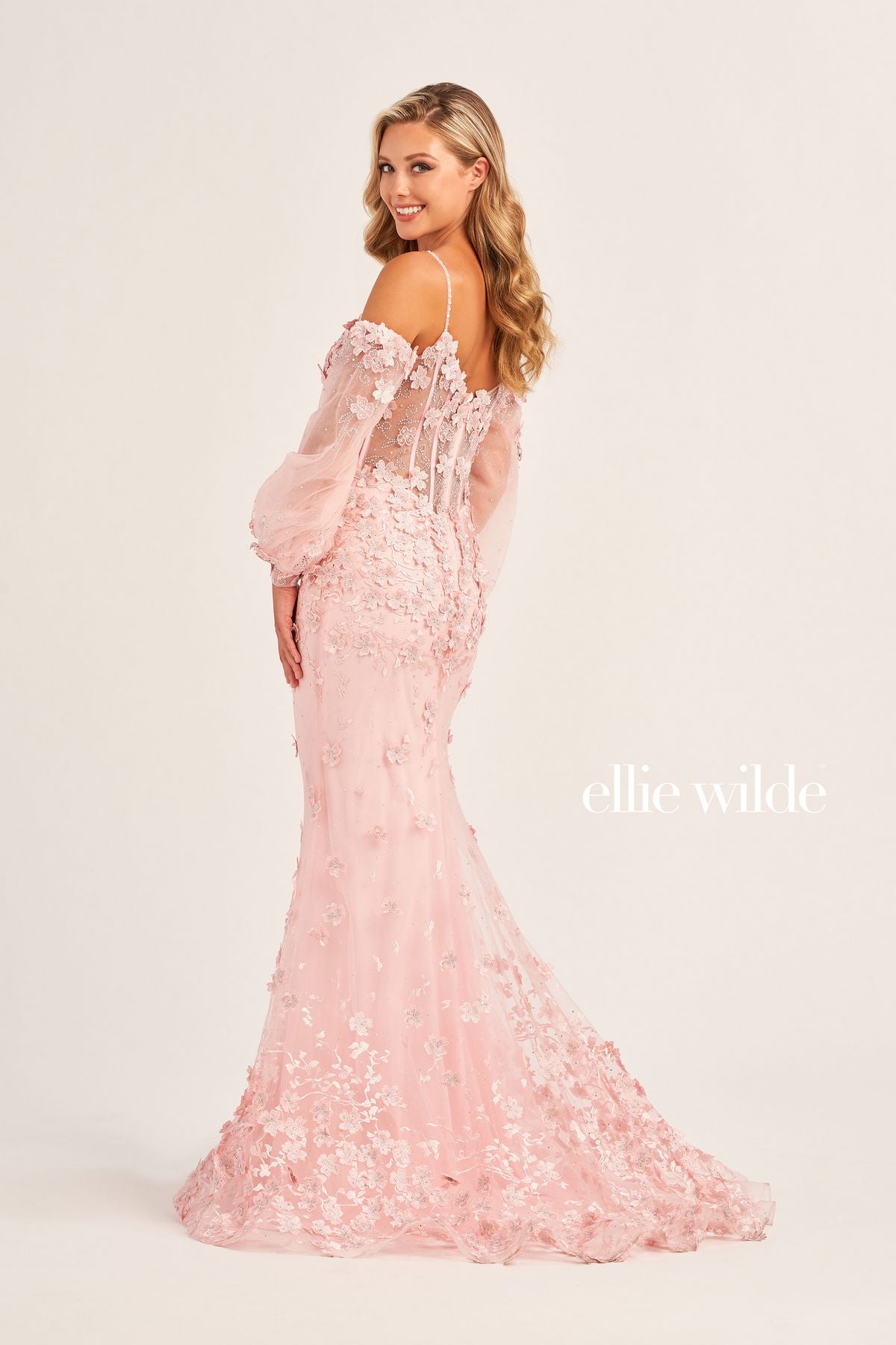Ellie Wilde EW35107 Long Fitted Formal Prom Gown With Detachable Sleeves