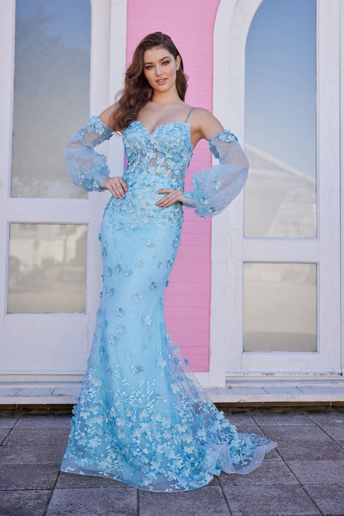 Prom Dresses Long Fitted Formal Prom Gown With Detachable Sleeves Light Blue