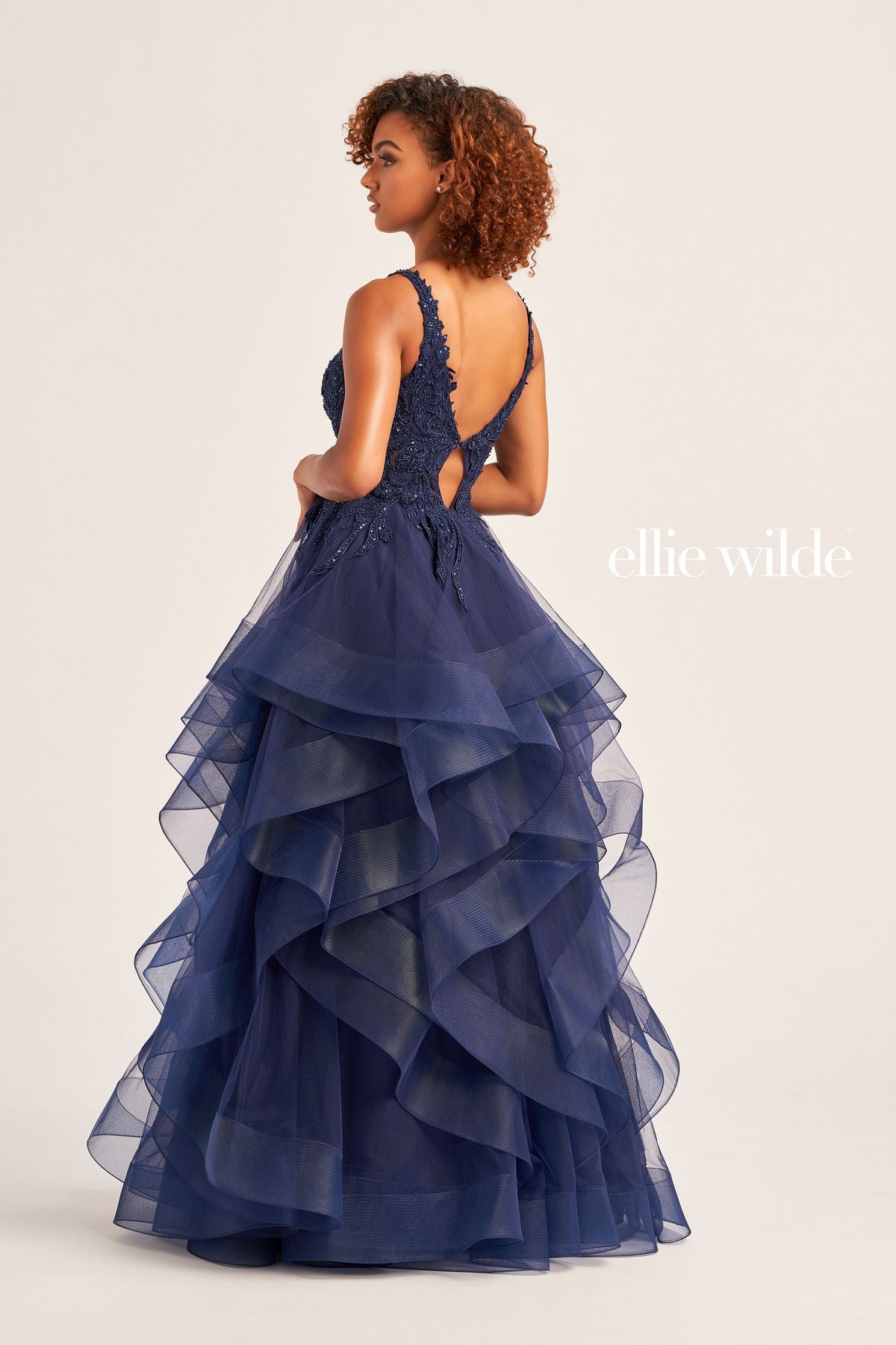 Navy Blue Ellie Wilde EW35119 Long Beaded Prom Ball Gown for $579.0
