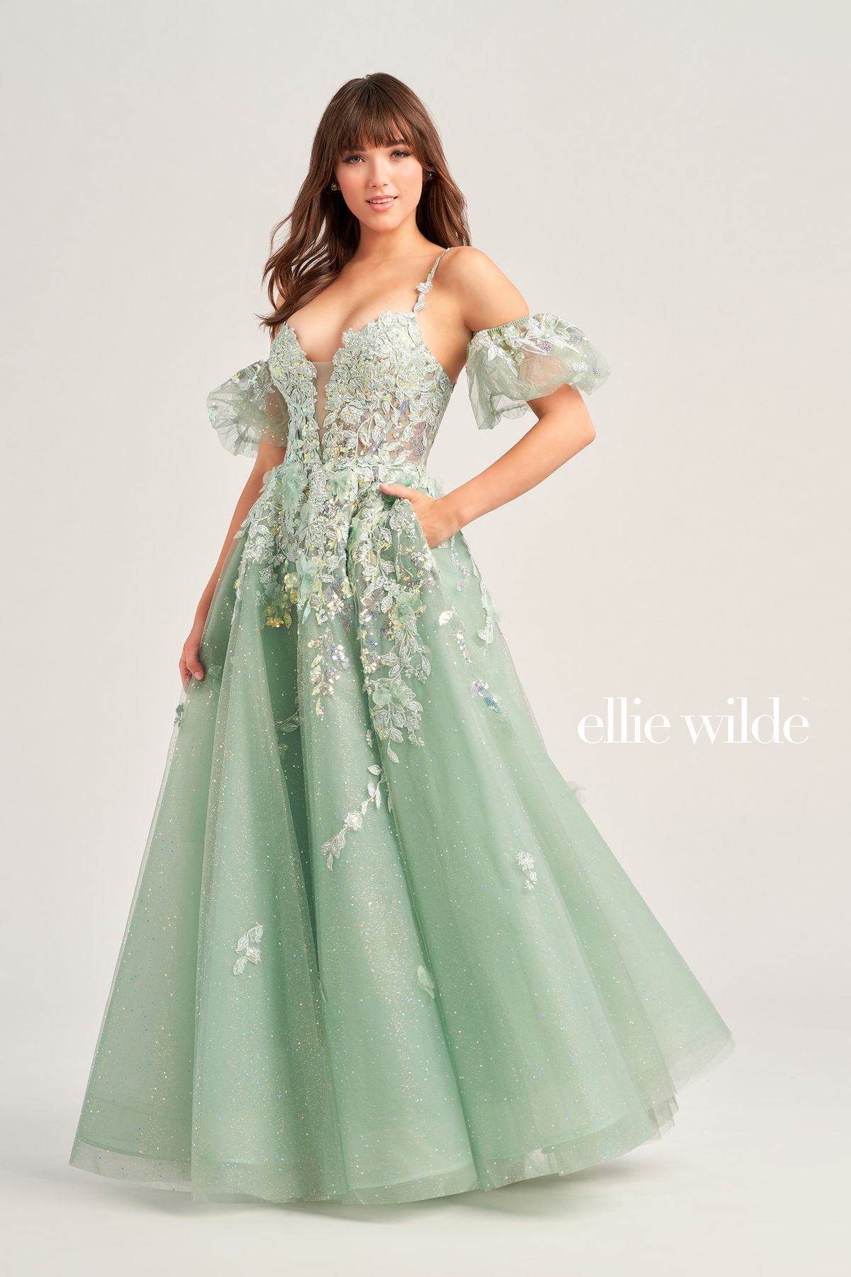 Hand Beading Square Satin Mini Ball Gown Prom Dress - Sage Green