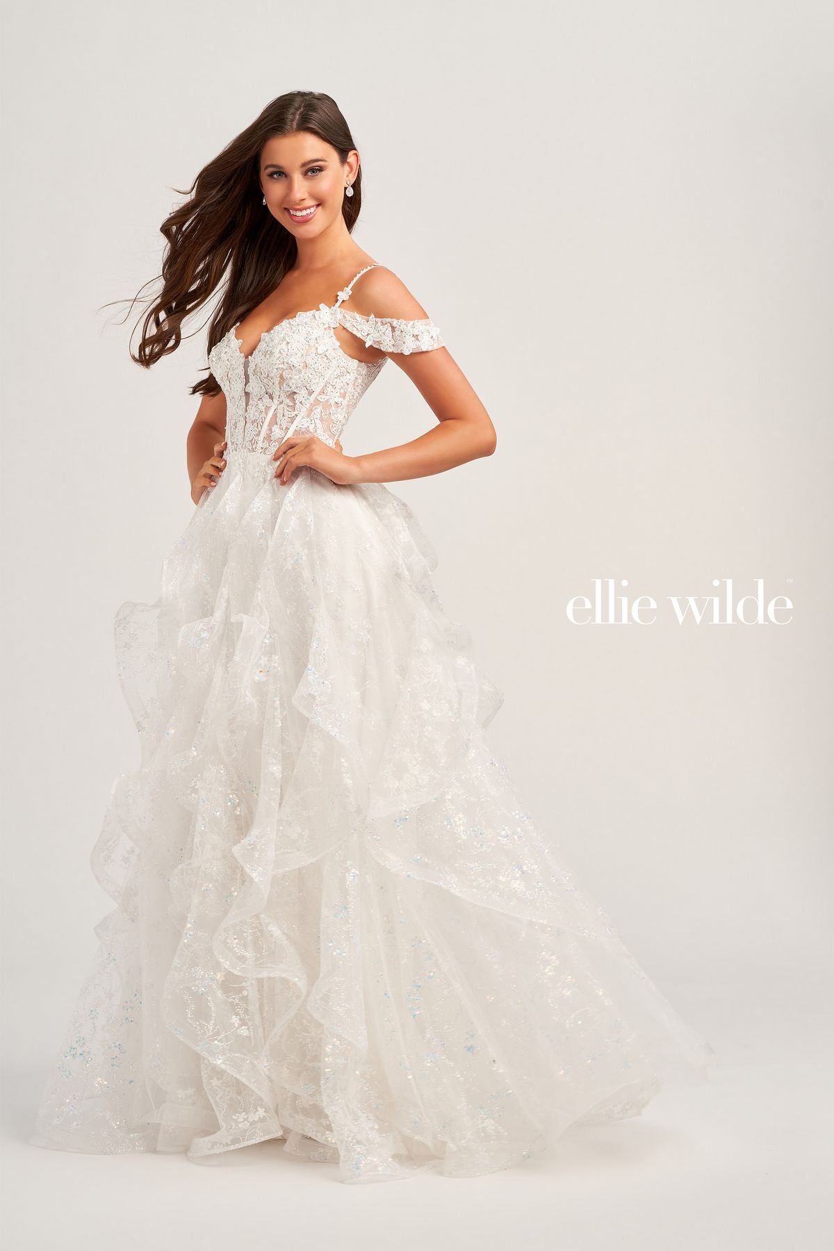 Ellie Wilde EW35218 Long Formal Detachable Sleeve Beaded Prom Dress