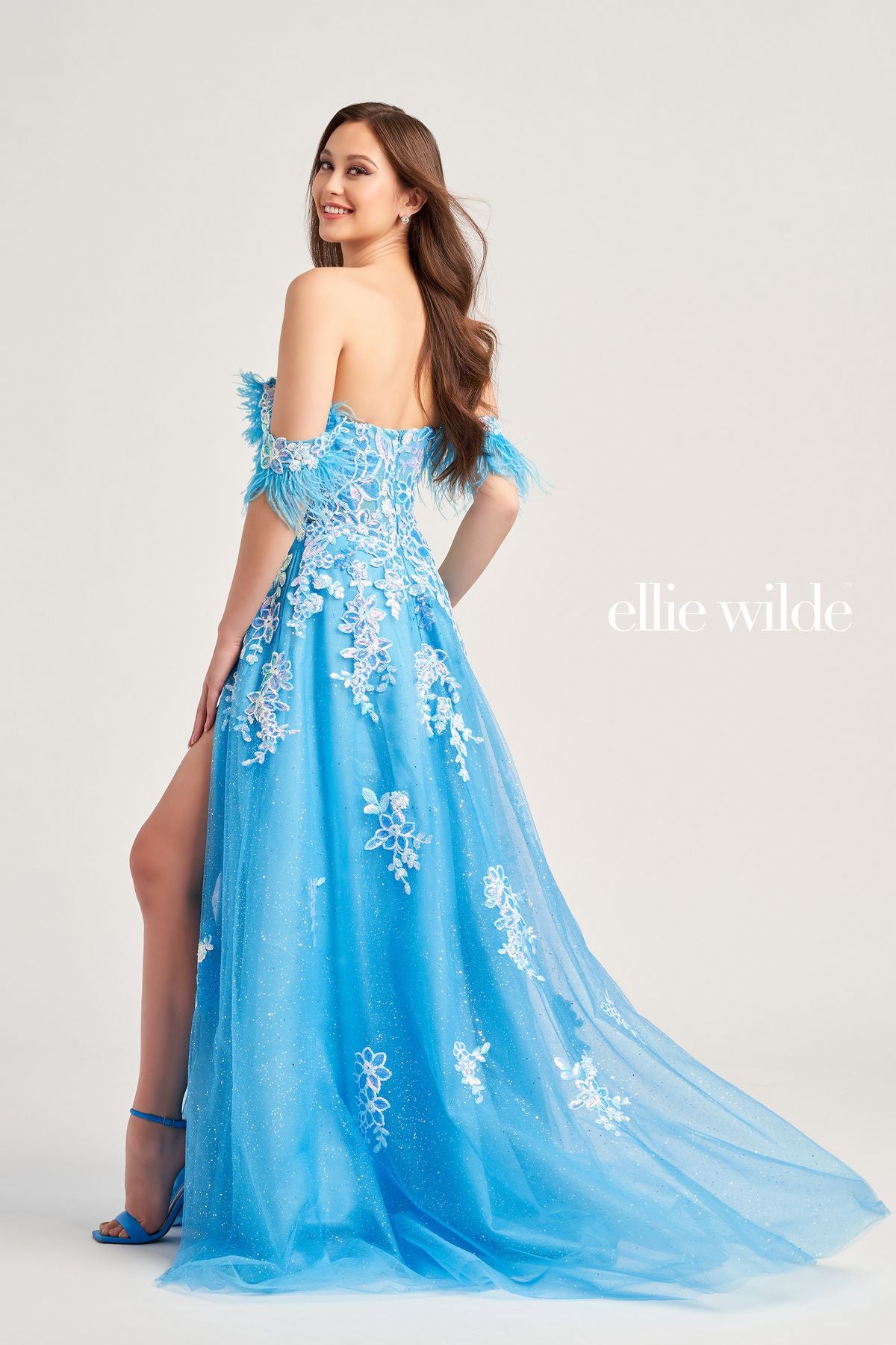 Ellie Wilde EW35220 Long Formal Glitter Detachable Sleeve Prom Gown