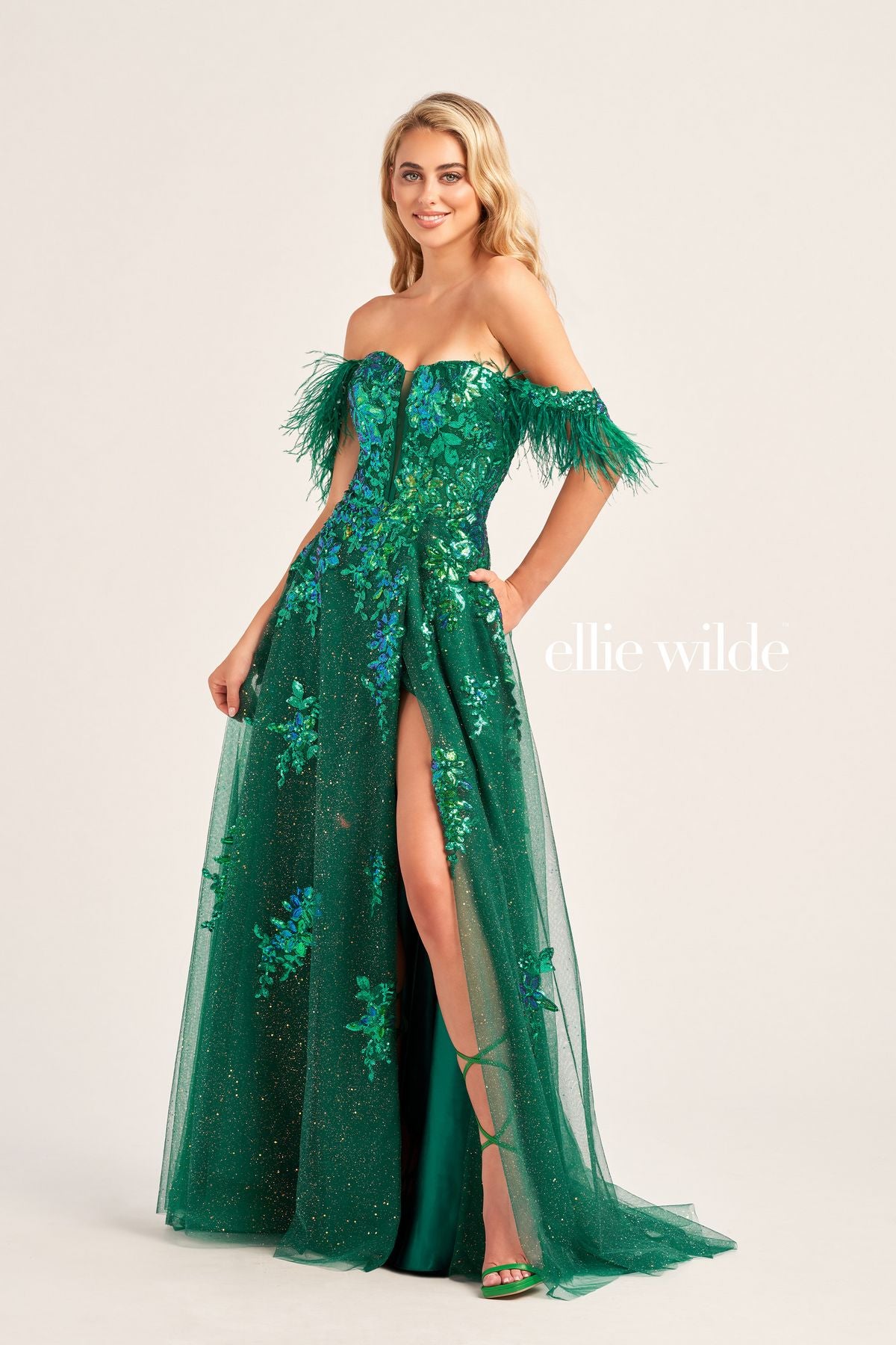 Prom Dresses Long Formal Glitter Detacahble Sleeve Prom Gown Emerald