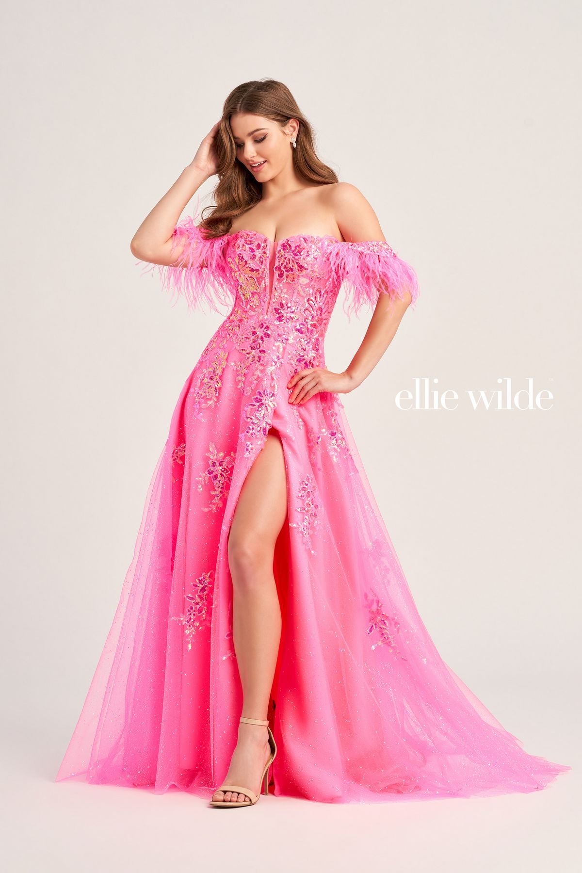 Ellie Wilde EW35220 Long Formal Glitter Detachable Sleeve Prom Gown