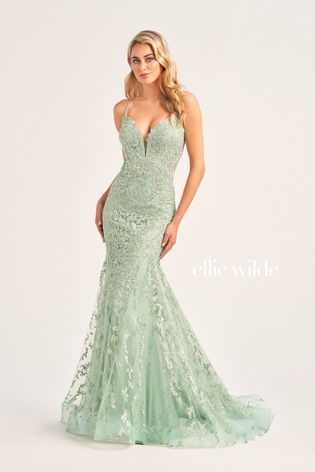 Light Blue Ellie Wilde EW35221 Mermaid Long Formal Beaded Prom Dress