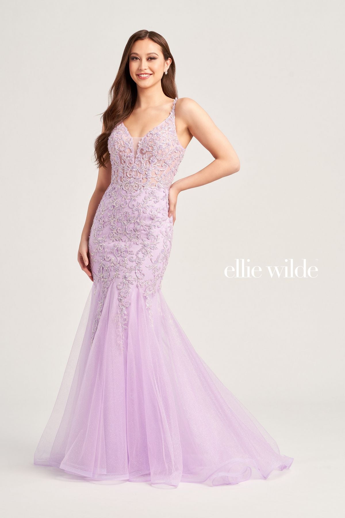 Bow-Front Lace Appliqued Trumpet/Mermaid Gown Lilac