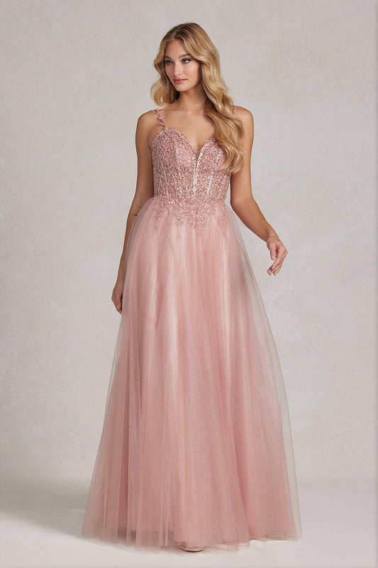 Nox Anabel F1086 Long Spaghetti Strap Prom A Line Gown Rose Gold