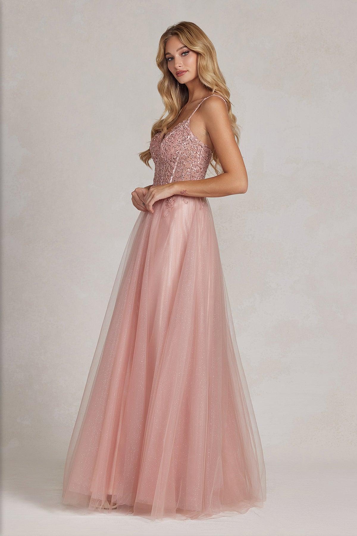 Nox Anabel F1086 Long Spaghetti Strap Prom A Line Gown Rose Gold