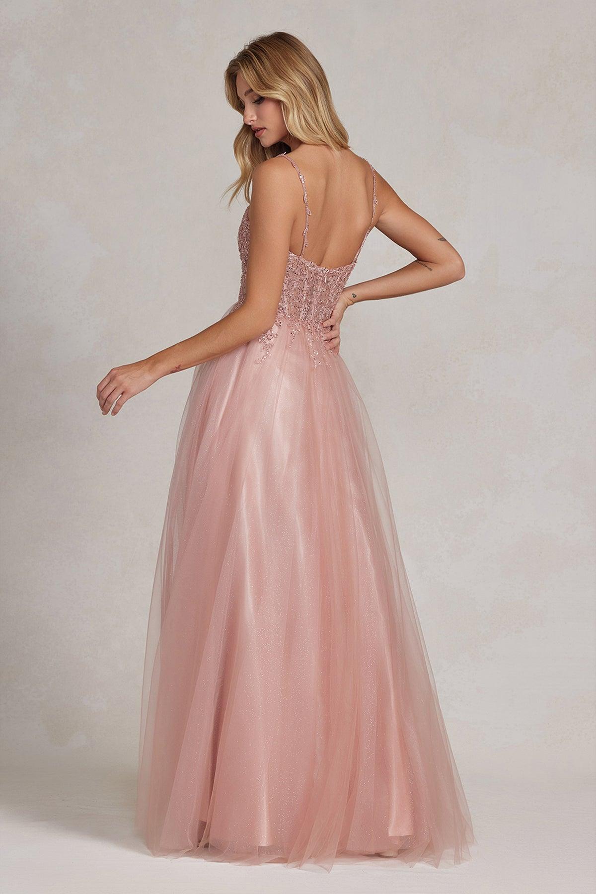 Nox Anabel F1086 Long Spaghetti Strap Prom A Line Gown Rose Gold