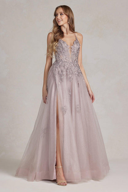 Nox Anabel G1149 Long Spaghetti Strap Sexy Prom Tulle Gown Light Mauve