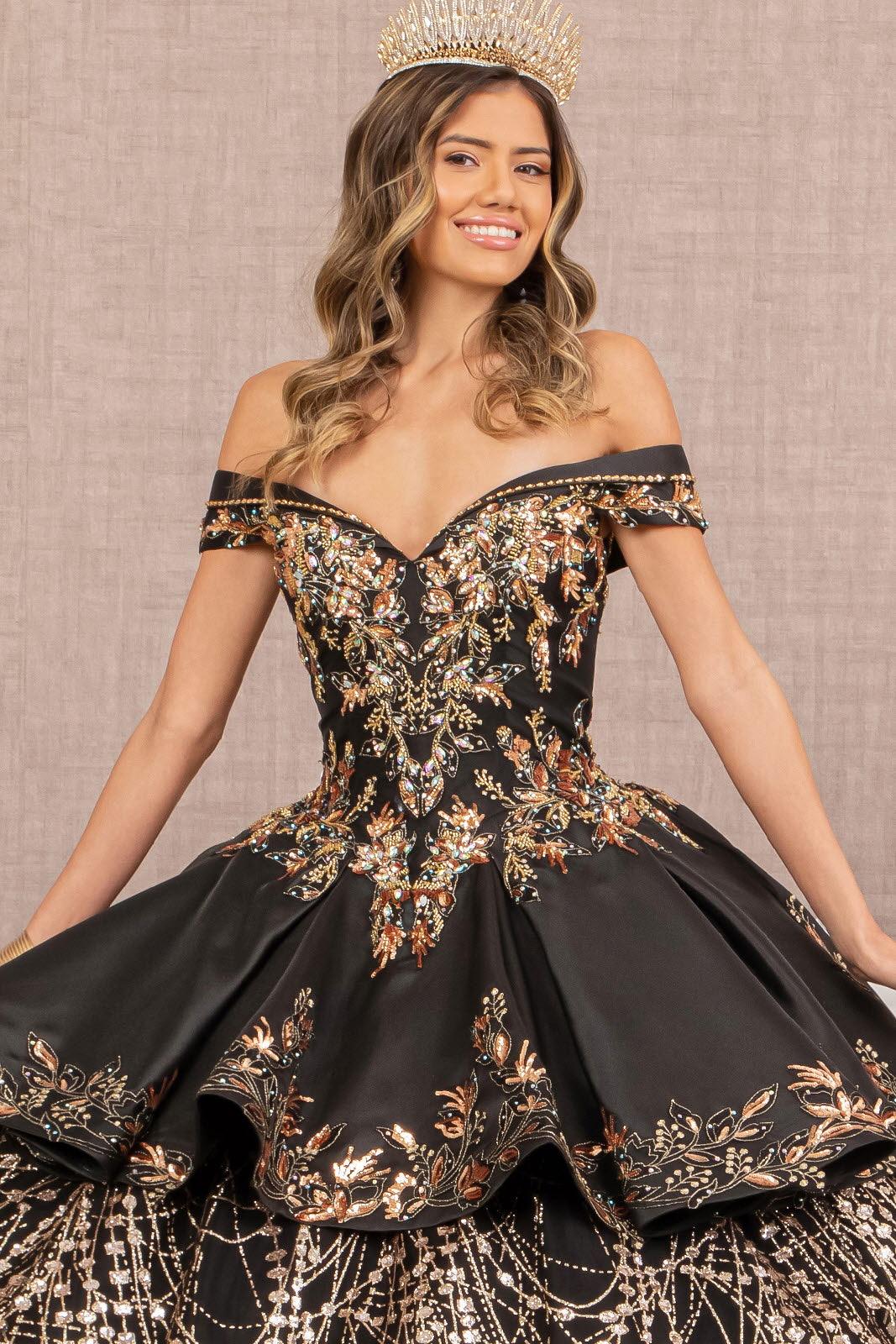 Quinceniera Dresses Long Quinceanera Satin Ball Gown Black/Gold