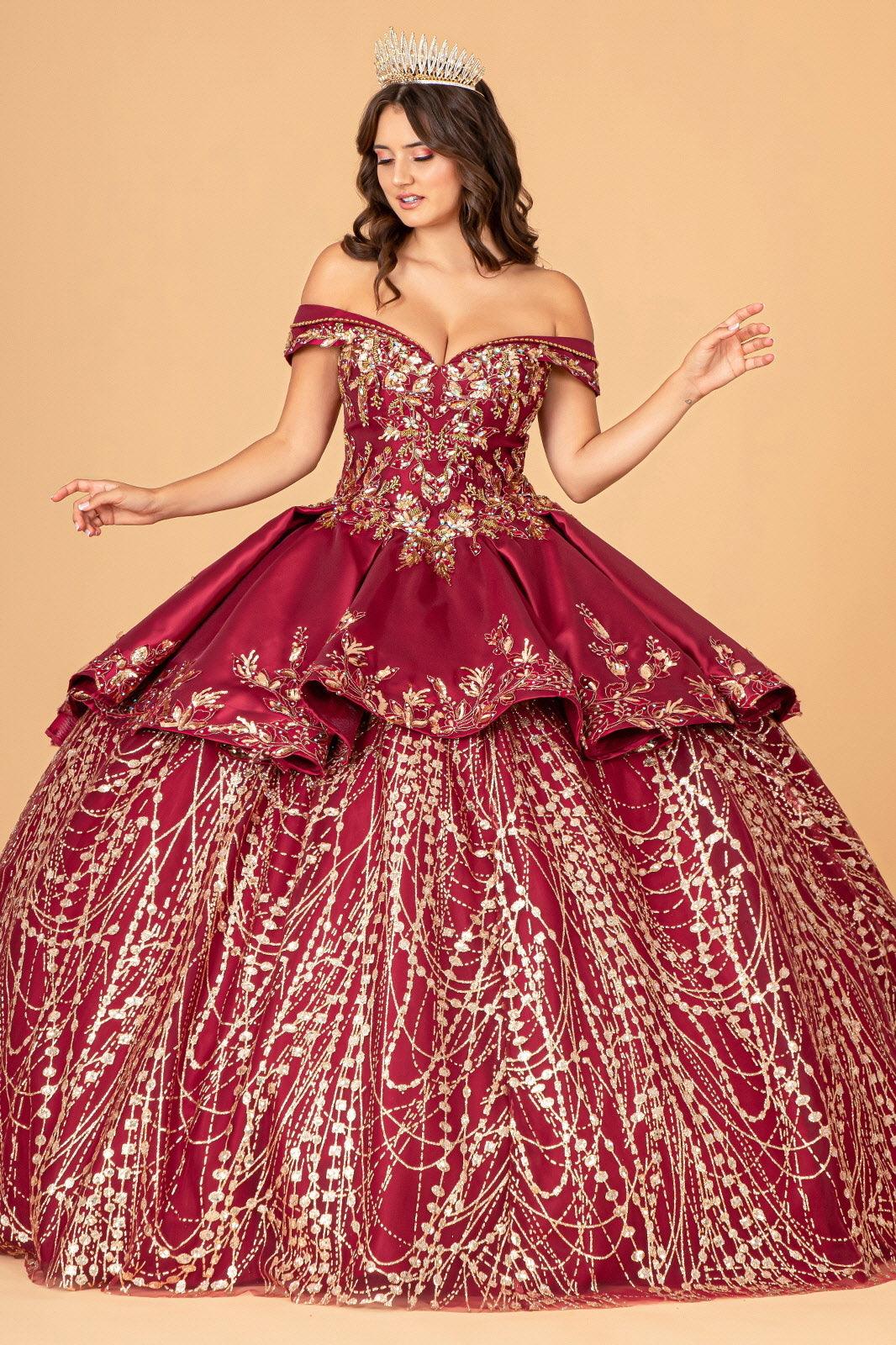 Long Quinceanera Satin Ball Gown - Burgundy/Gold / 3XL Long Quinceanera Satin Ball Gown - Burgundy/Gold / 3XL