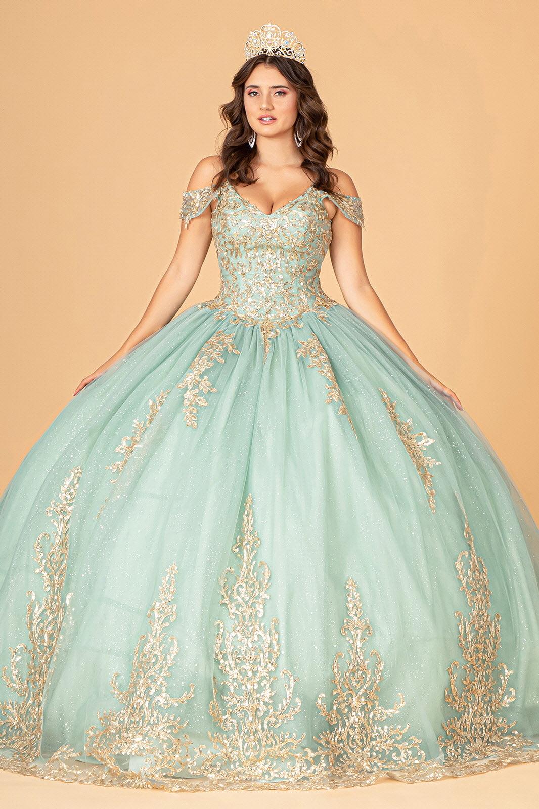 Long Off Shoulder Quinceanera Mesh Ball Gown - Sage / L Long Off Shoulder Quinceanera Mesh Ball Gown - Sage / L