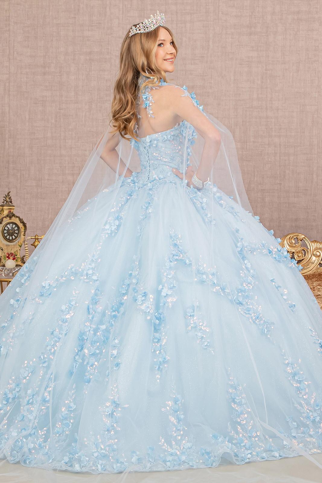 Baby Blue Long Strapless Ball Gown Quinceanera Mesh Dress for $899.99
