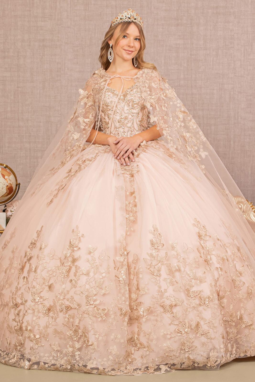 Quinceniera Dresses Long Ball Gown Quinceanera Cape Dress Rose Gold
