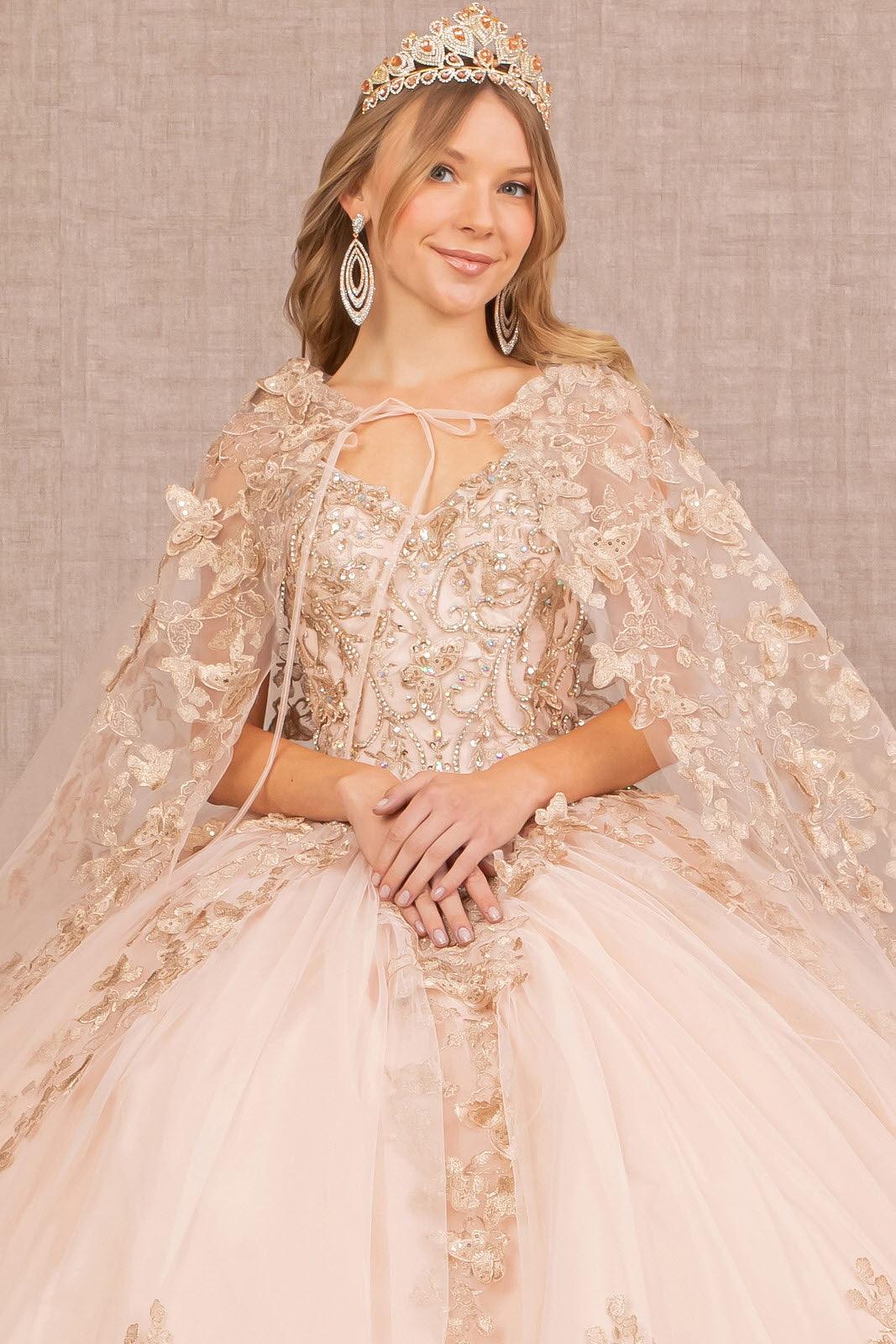 Long Ball Gown Quinceanera Cape Dress
