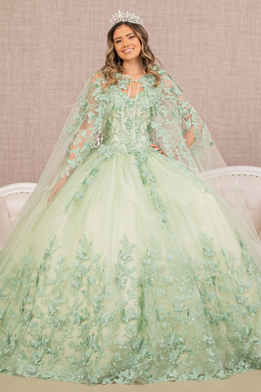 Quinceniera Dresses Long Ball Gown Quinceanera Cape Dress Sage