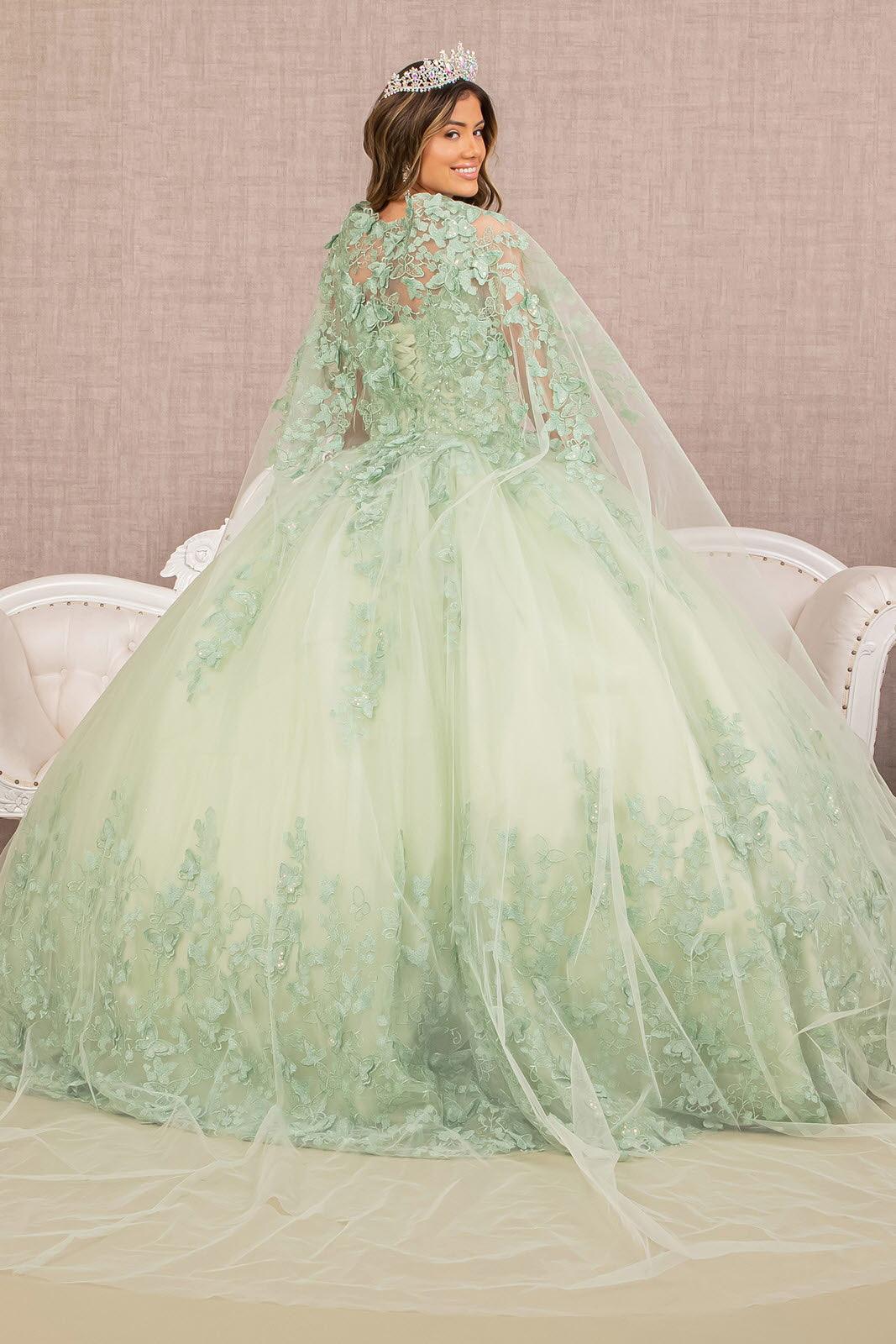 Long Ball Gown Quinceanera Cape Dress - Sage / L Long Ball Gown Quinceanera Cape Dress - Sage / L