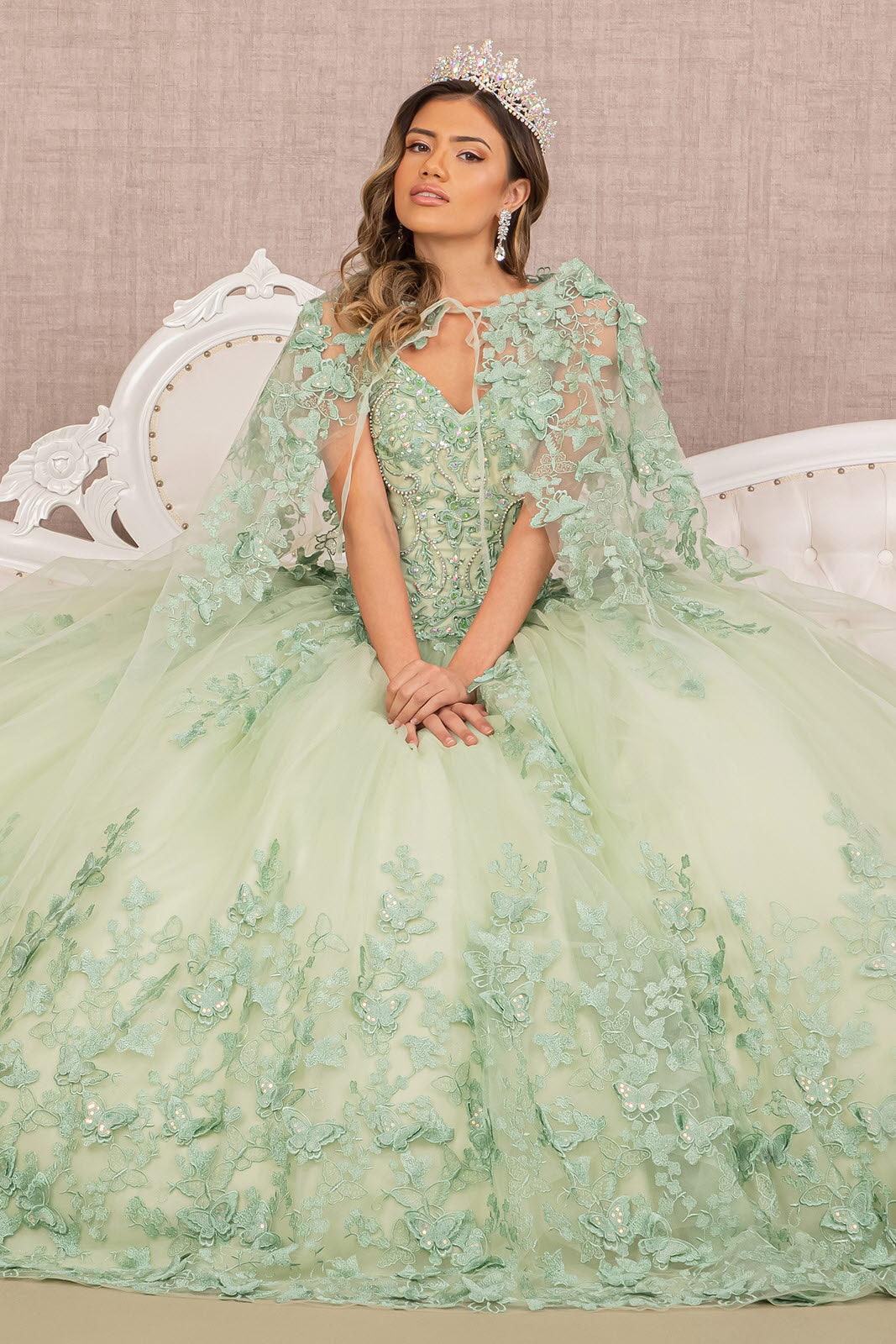 Quinceniera Dresses Long Ball Gown Quinceanera Cape Dress Sage