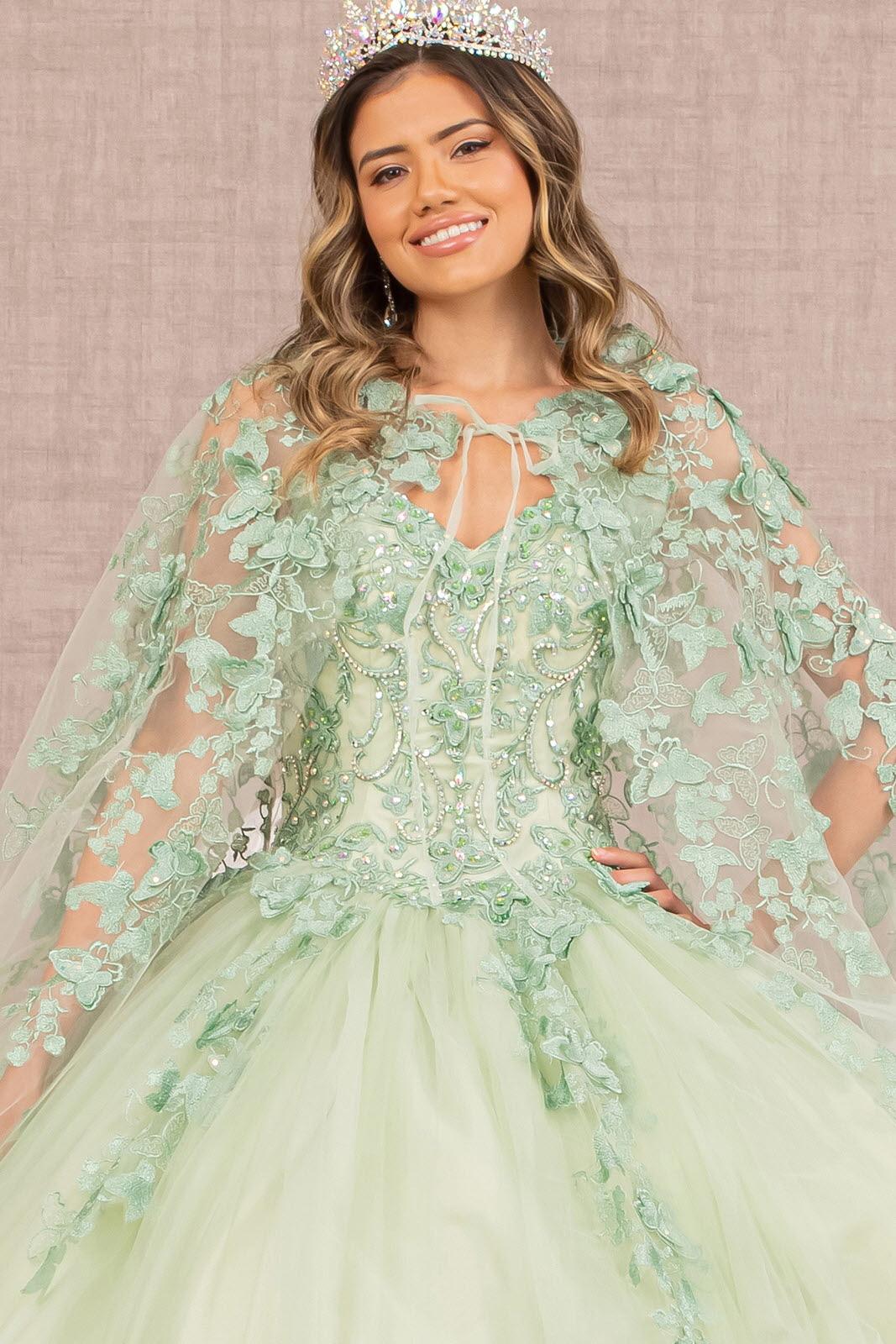 Long Ball Gown Quinceanera Cape Dress - Sage / L