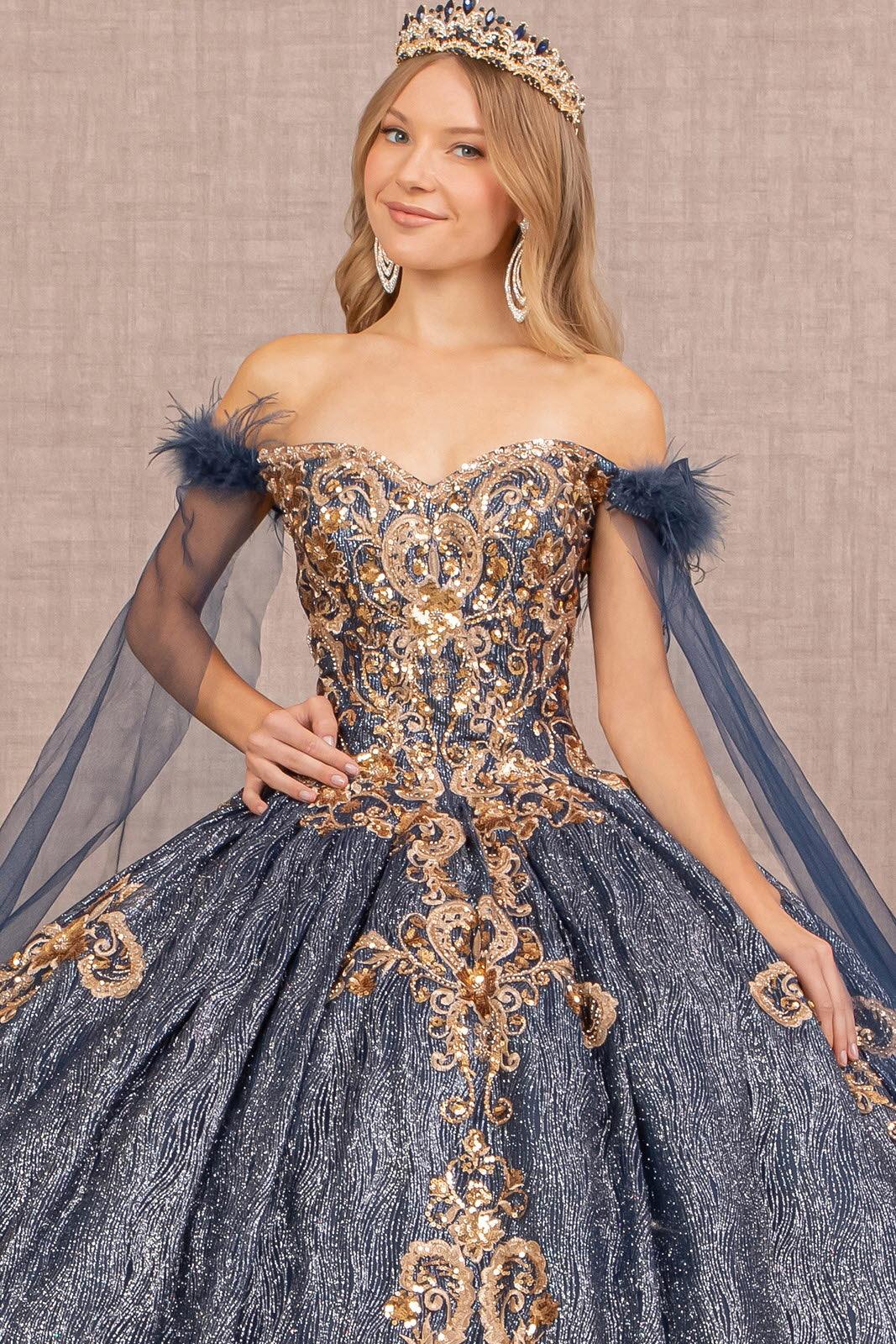 Quinceniera Dresses Long Ball Gown Feather Sequin Quinceanera Dress Navy