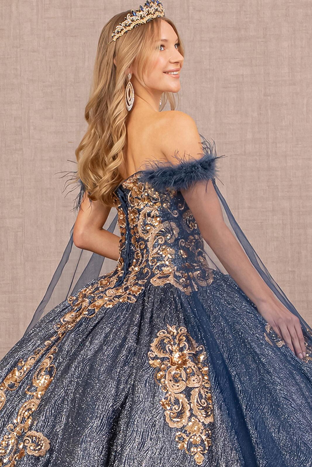 Quinceniera Dresses Long Ball Gown Feather Sequin Quinceanera Dress Navy