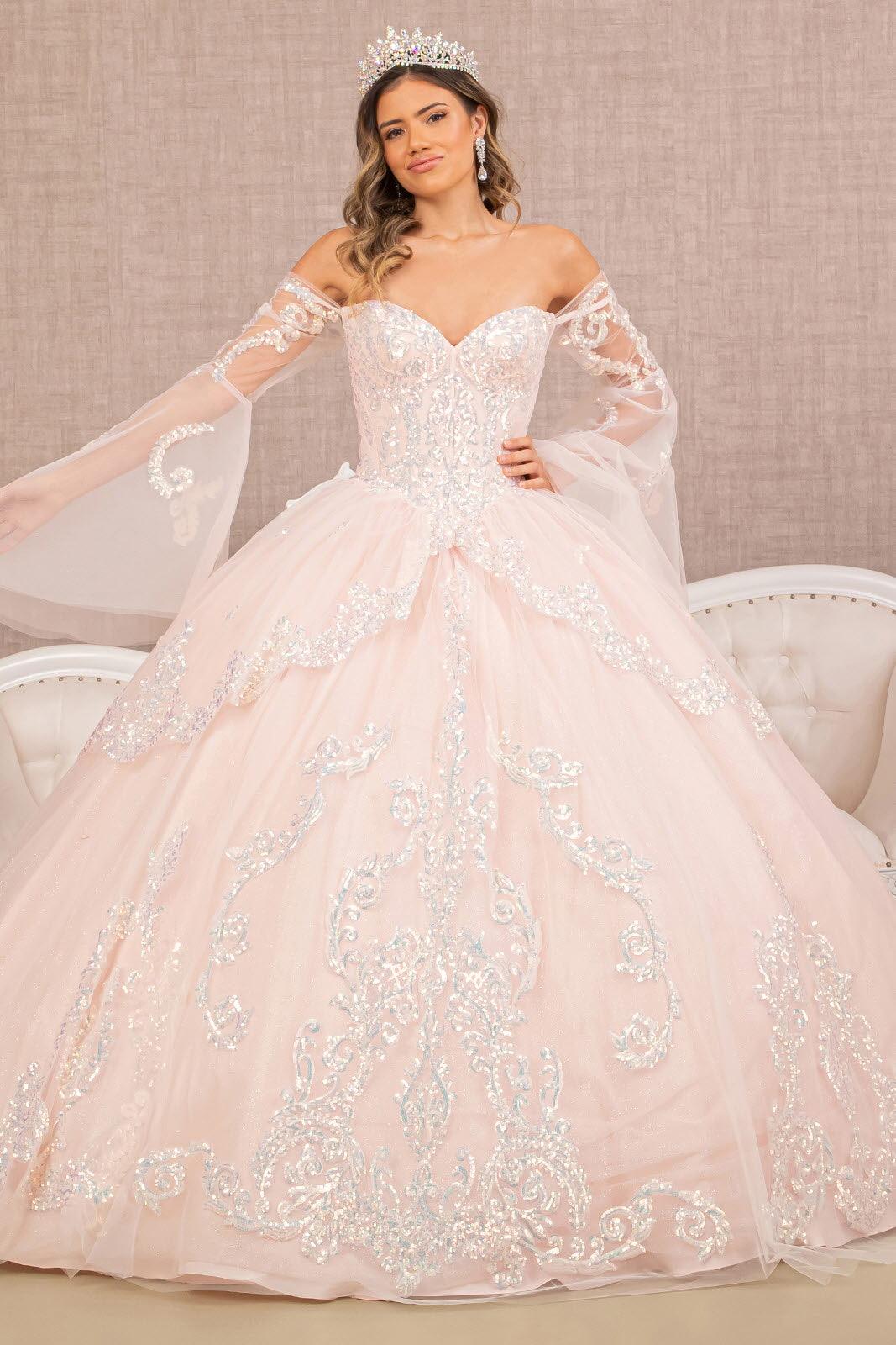 Quinceanera Dress Long Off Shoulder Glitter Ball Gown - Blush / XL Quinceanera Dress Long Off Shoulder Glitter Ball Gown - Blush / XL
