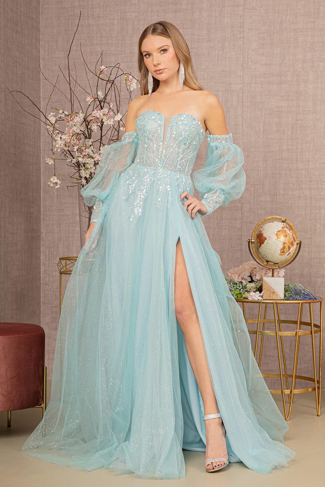 Glitter Puff Sleeve Slit Gown by GLS Gloria GL3118 Baby Blue / XL Glitter Puff Sleeve Slit Gown by GLS Gloria GL3118 Baby Blue / XL