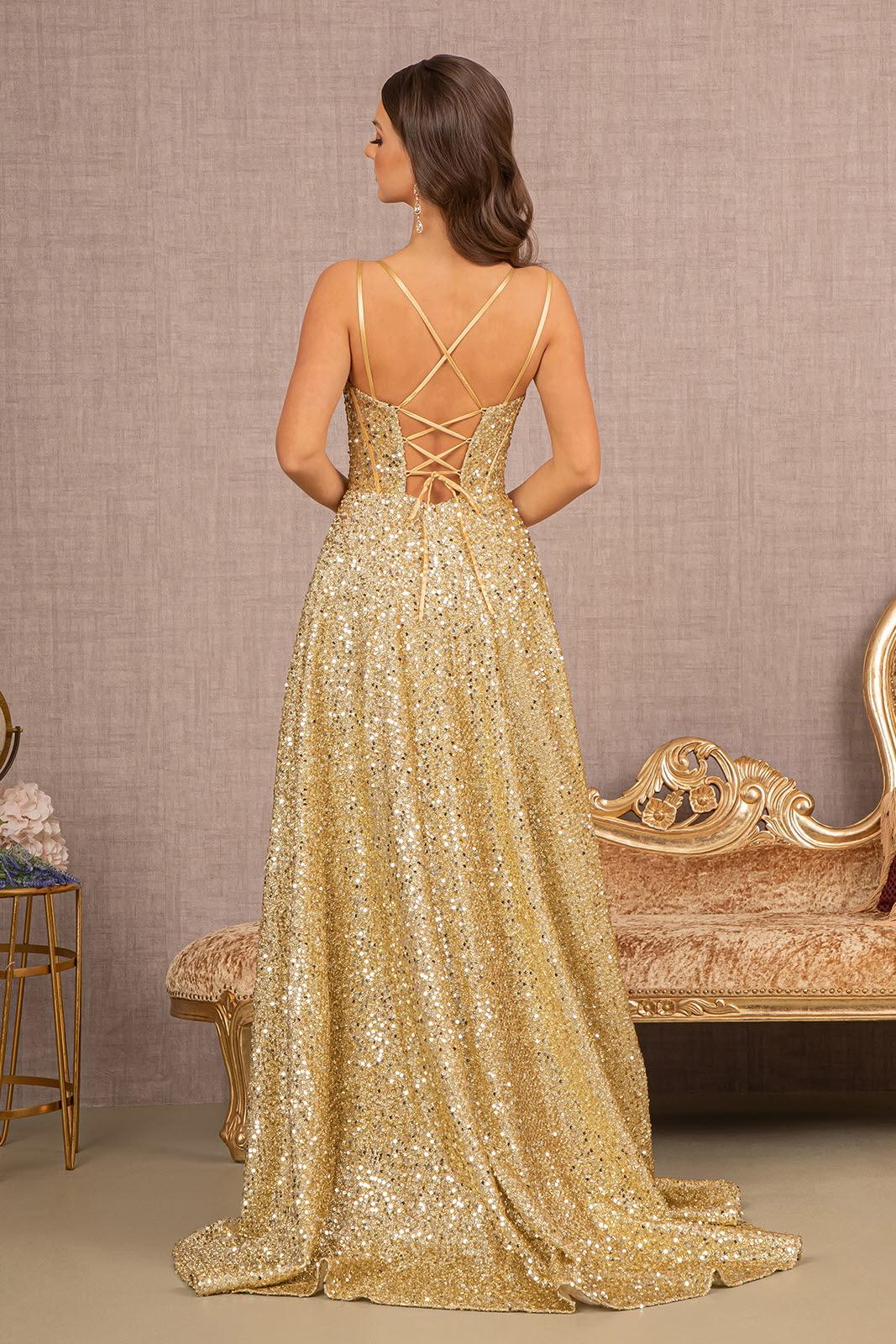 Gold Long Spaghetti Strap Sequin Prom Gown for $259.99 – The Dress Outlet