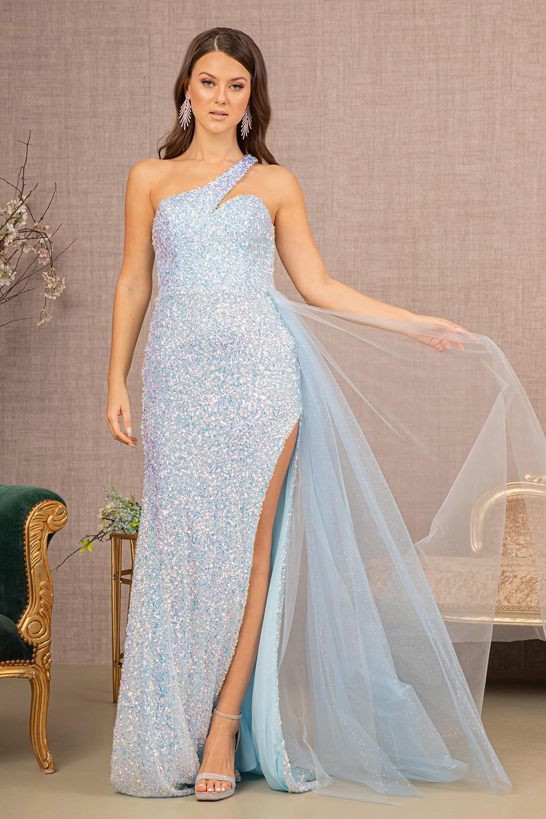GLS Long One Shoulder Glitter Prom Dress Baby Blue 2XL