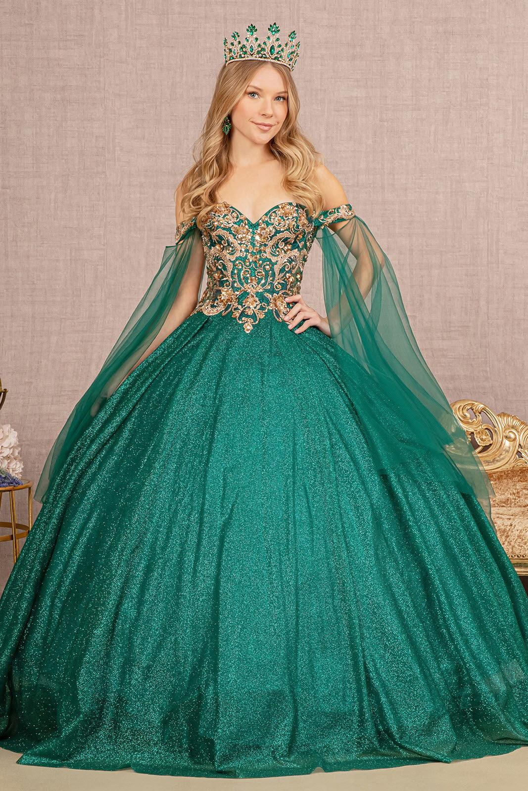 Emerald Green Long Quinceanera Dress Glitter Mesh Ball Gown for $389.99