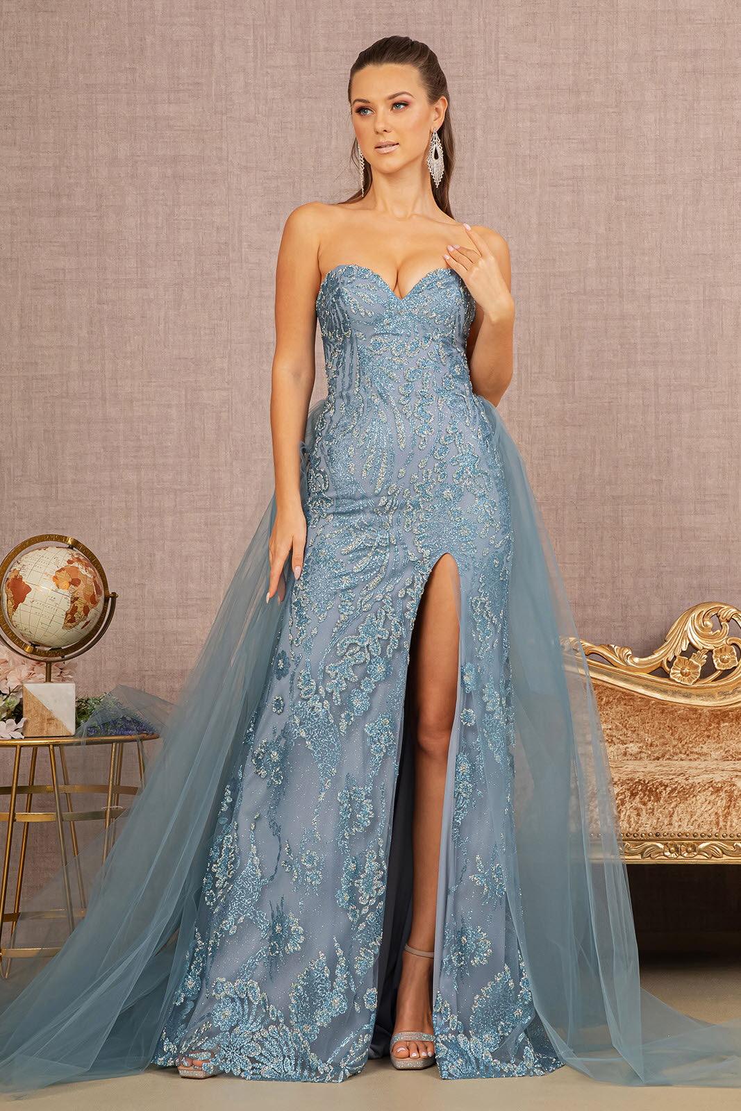 Smoky Blue Prom Long Strapless Glitter Dress for $319.99 – The Dress Outlet