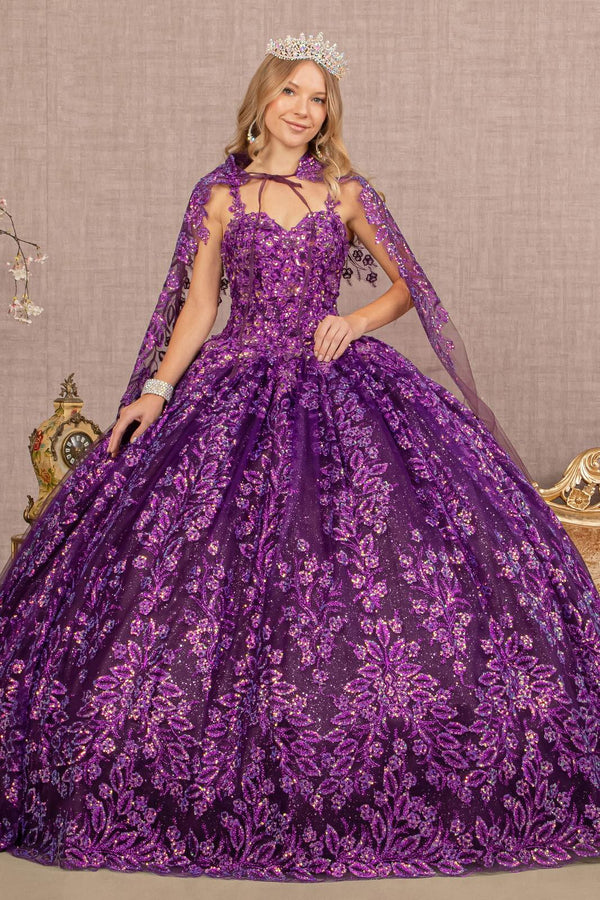 Long Quinceanera Glitter Cape Ball Gown