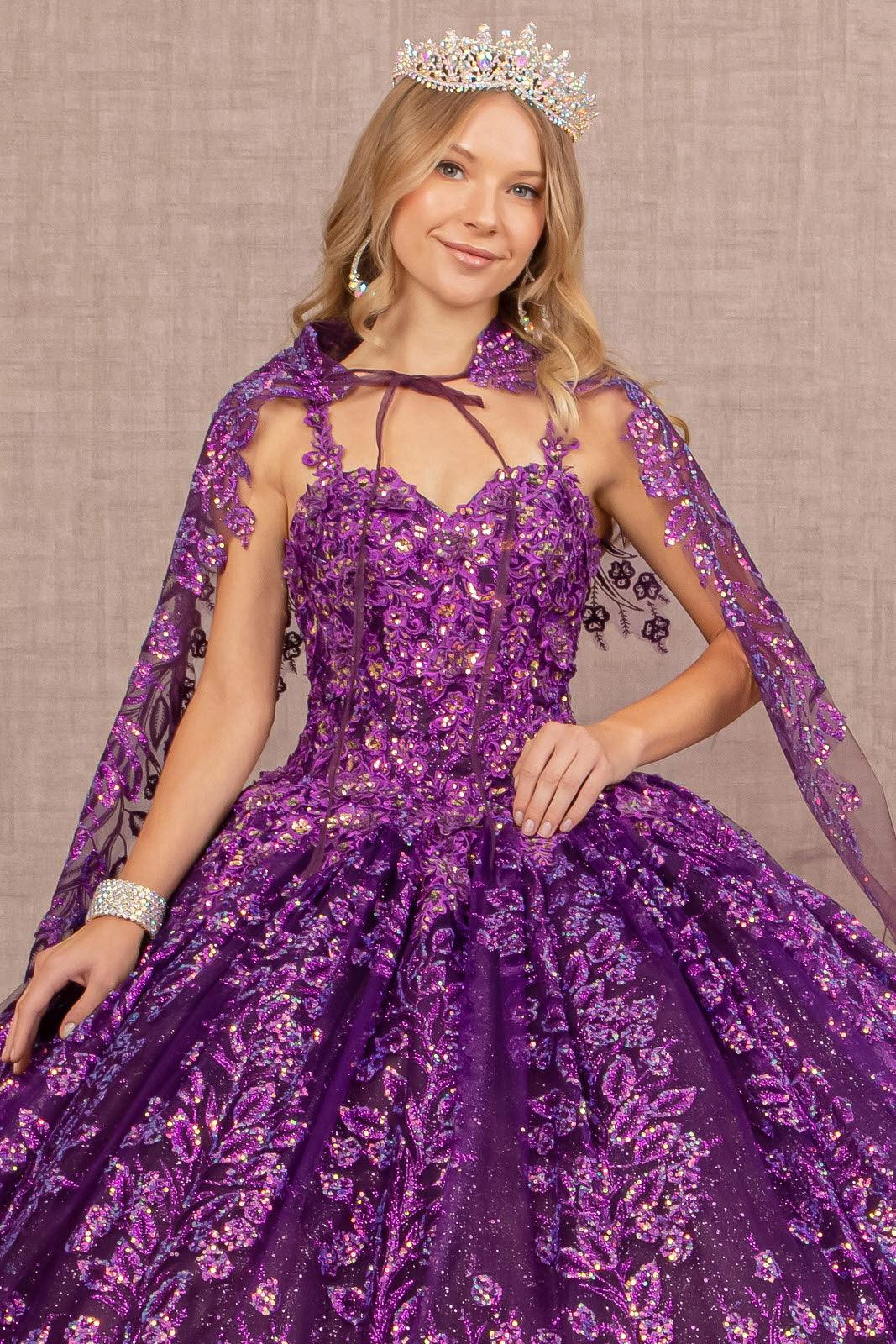 Quinceniera Dresses Long Quinceanera Glitter Cape Ball Gown Purple