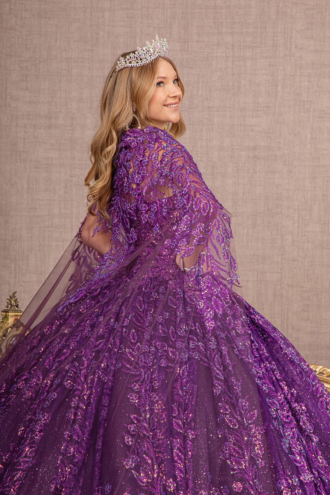 Quinceniera Dresses Long Quinceanera Glitter Cape Ball Gown Purple